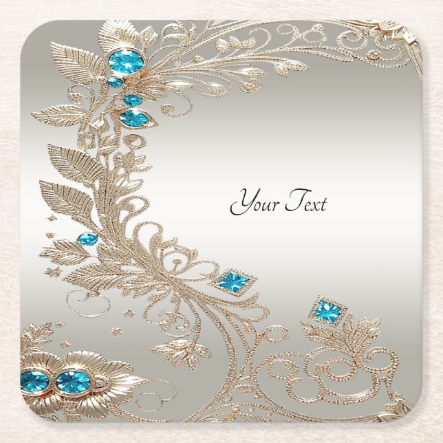Embellishing Gold Blue Stones Paper Coaster (Front)