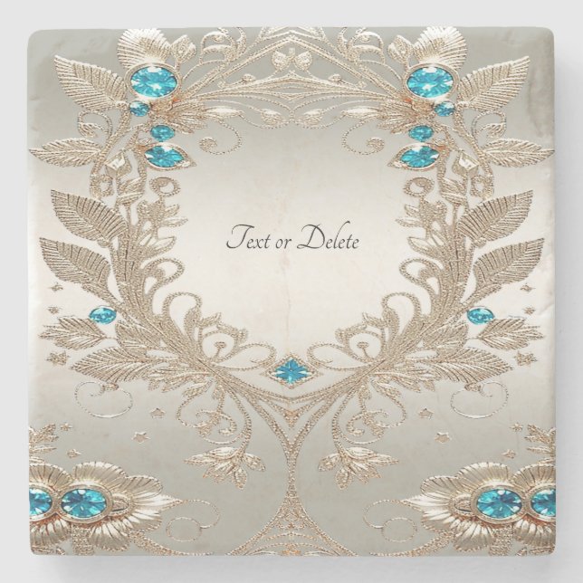 Embellishing Gold Blue Stones Stone Coaster (Front)