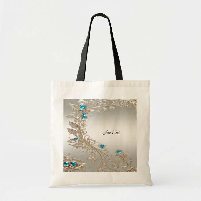 Embellishing Gold Blue Stones Tote Bag (Front)
