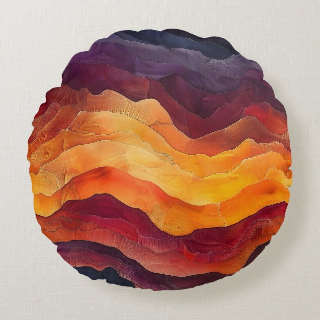 Ember Strata – Abstract Layers of Earth and Fire Round Pillow (Front)