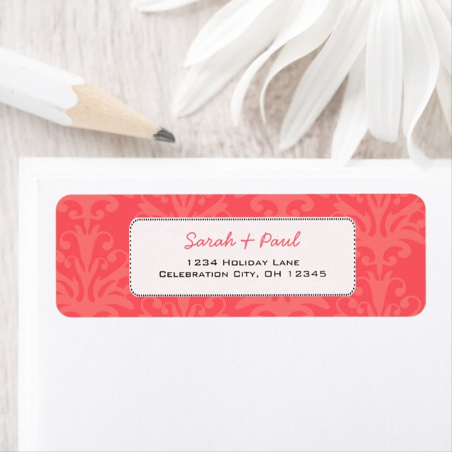 Emberglow Pinkish Coral Damask Return Address (Insitu)