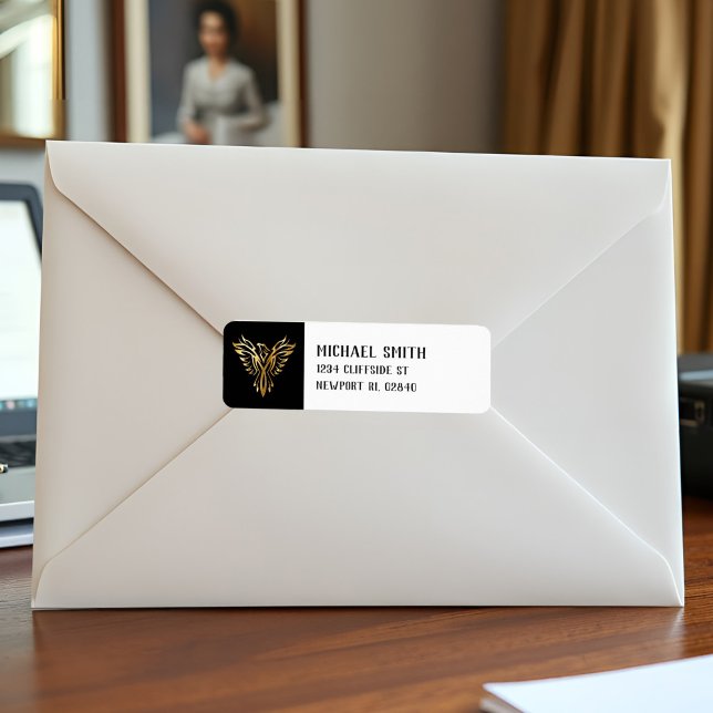 Emblème noir et or Phoenix Oiseau Revêtement métal (Elegant black and gold phoenix return labels with tribal style for bold, masculine mail.)
