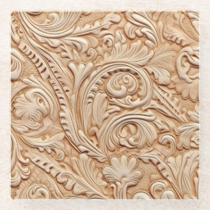 Embossed beige faux leather glass coaster