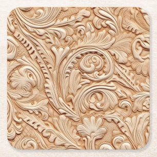 Embossed beige faux leather square paper coaster