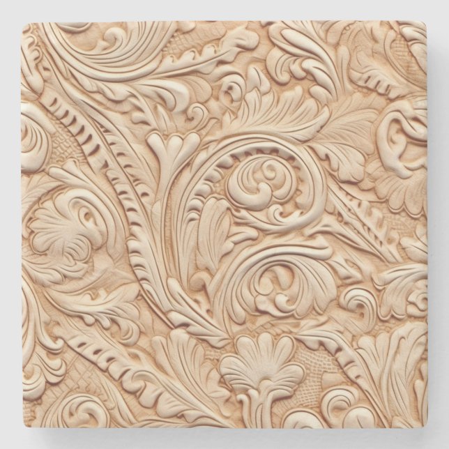 Embossed beige faux leather stone coaster (Front)