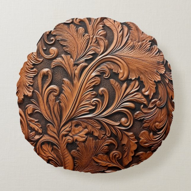 Embossed brown leather round pillow (Front)