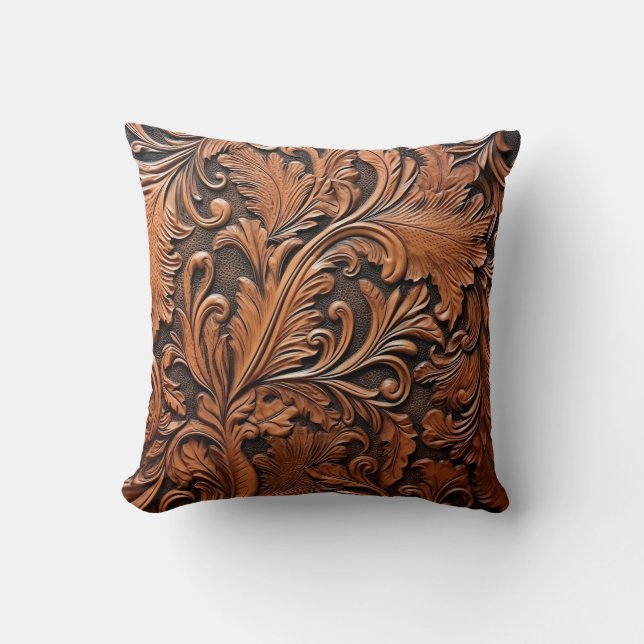 Embossed brown leather throw pillow (Front)