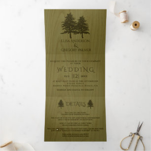 Embossed conifer trees, green wood rustic wedding Tri-Fold invitation