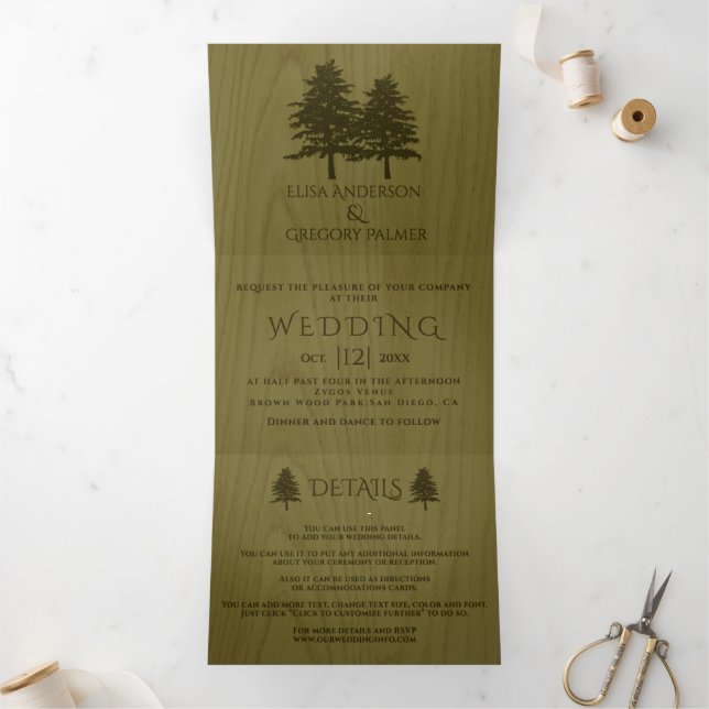 Embossed conifer trees, green wood rustic wedding Tri-Fold invitation (Inside)