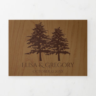 Embossed conifer trees, wood grain rustic wedding Tri-Fold invitation