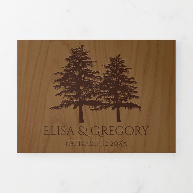 Embossed conifer trees, wood grain rustic wedding Tri-Fold invitation (Cover)