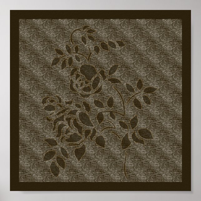 Embossed Effect Brown Stencil Roses Floral  Poster (Front)