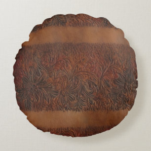 Embossed Floral Imitation Leather Look Round Pillow