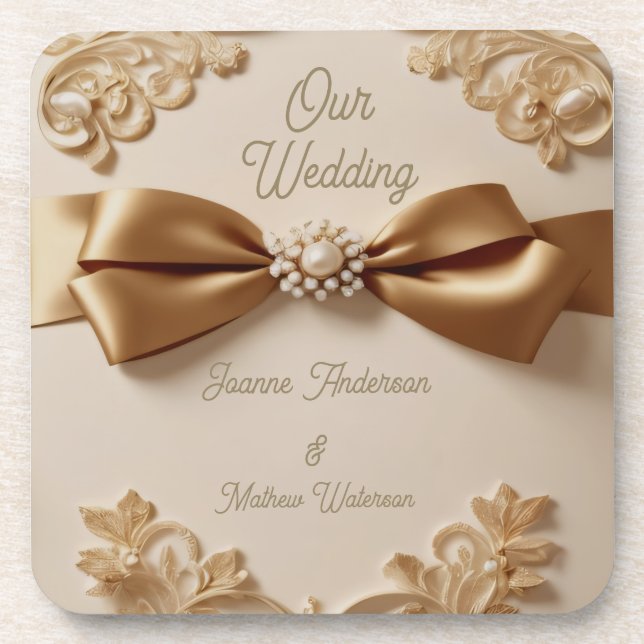 Embossed Floral Wedding Invitation – Satin Bow & G Coaster (Front)