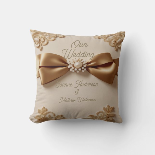 Embossed Floral Wedding Invitation – Satin Bow & G Throw Pillow (Front)