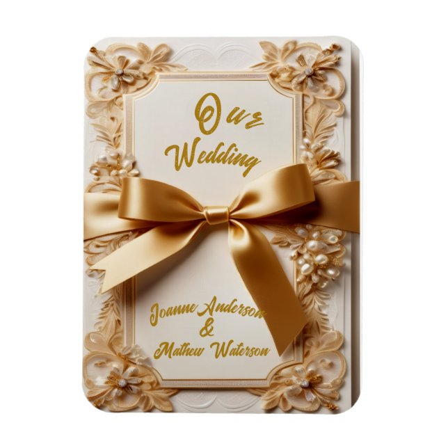 "Embossed Floral Wedding Invitation Satin Bow  Magnet (Vertical)