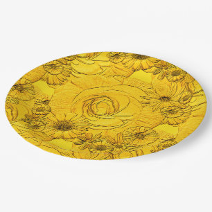Embossed Flowers-Golden Yellow-PAPER PLATES