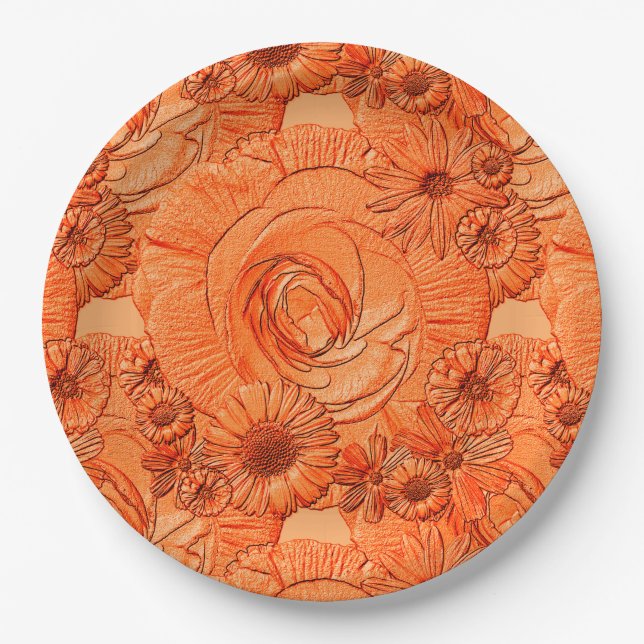 Embossed Flowers-Orange-PAPER PLATES (Front)