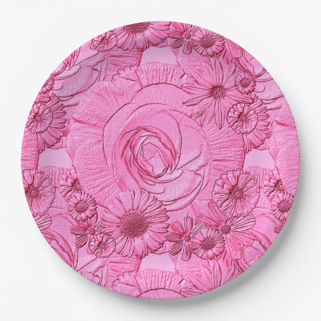 Embossed Flowers-Pink-PAPER PLATES (Front)