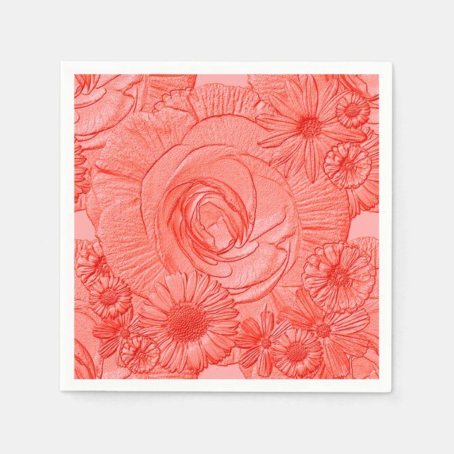Embossed Flowers-Tangerine-COCKTAIL NAPKINS (Front)