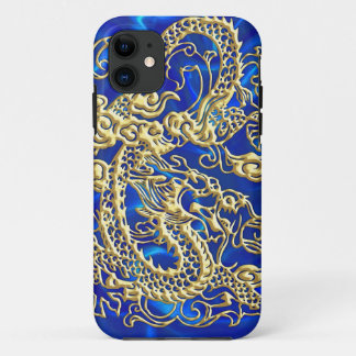 Embossed Gold Dragon Blue Satin iPhone Case