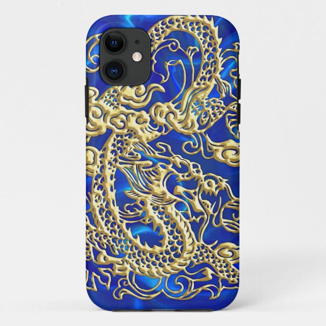 Embossed Gold Dragon Blue Satin iPhone Case (Back)