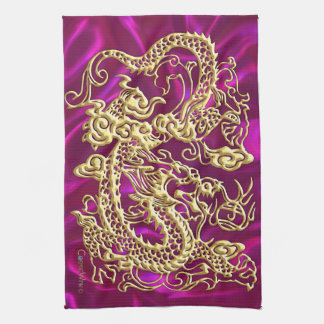 Embossed Gold Dragon Magenta Satin Print Kitchen Towel