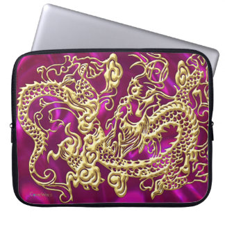 Embossed Gold Dragon Magenta Satin Print Laptop Sleeve