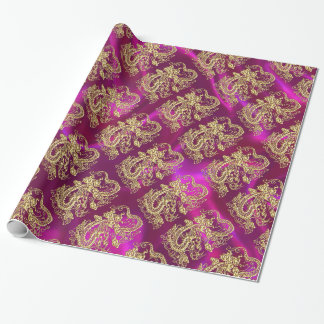 Embossed Gold Dragon Magenta Satin Print Wrapping Paper