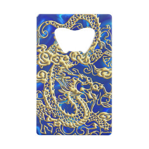 Embossed Gold Dragon on Blue Satin Print Credit Card Bottle Opener