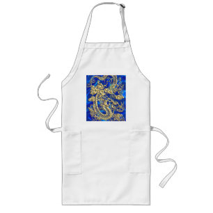 Embossed Gold Dragon on Blue Satin Print Long Apron
