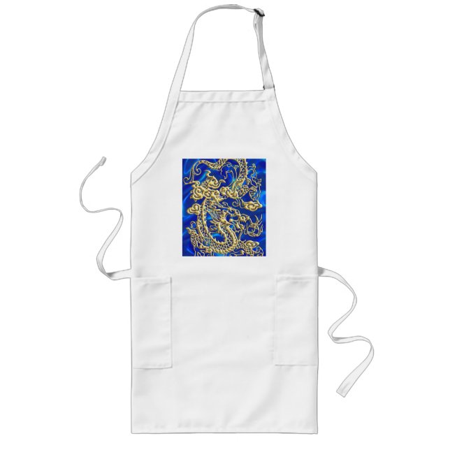 Embossed Gold Dragon on Blue Satin Print Long Apron (Front)