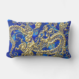 Embossed Gold Dragon on Blue Satin Print Lumbar Pillow