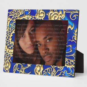 Embossed Gold Dragon on Blue Satin Print Plaque