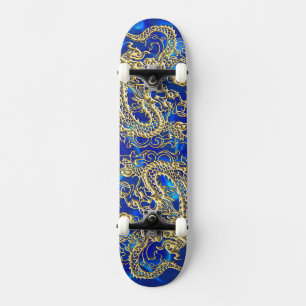 Embossed Gold Dragon on Blue Satin Print Skateboard
