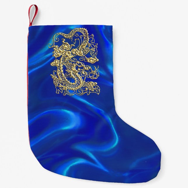 Embossed Gold Dragon on Blue Satin Small Christmas Stocking (Front)