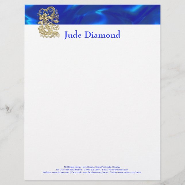 Embossed Gold Dragon on BlueSatin Print Letterhead (Front)