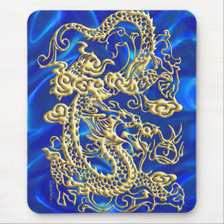 Embossed Gold Dragon on BlueSatin Print Mouse Pad