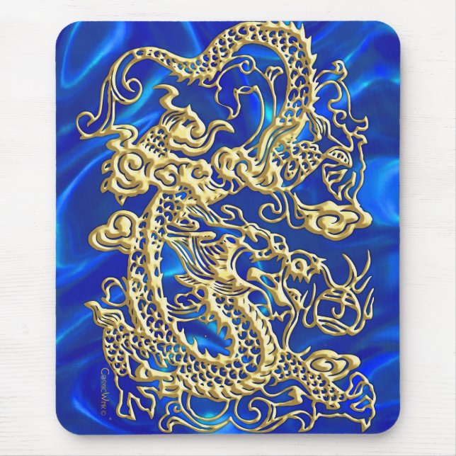 Embossed Gold Dragon on BlueSatin Print Mouse Pad (Front)