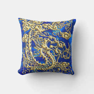 Embossed Gold Dragon on BlueSatin Print Throw Pillow