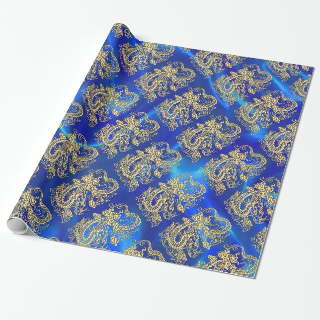 Embossed Gold Dragon on BlueSatin Print Wrapping Paper (Unrolled)