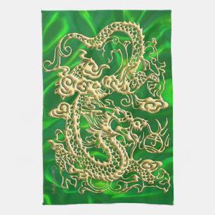 Embossed Gold Dragon on Green Satin Print Kitchen Towel