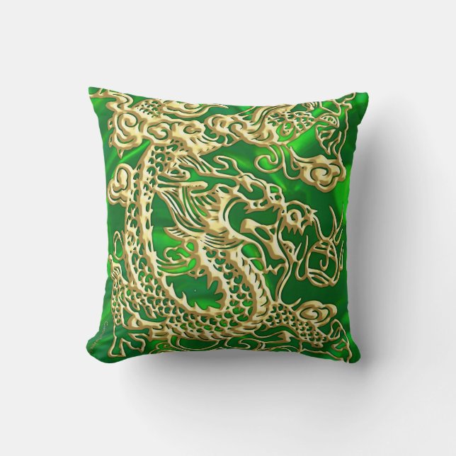 Embossed Gold Dragon on Green Satin Print Throw Pillow (Front)
