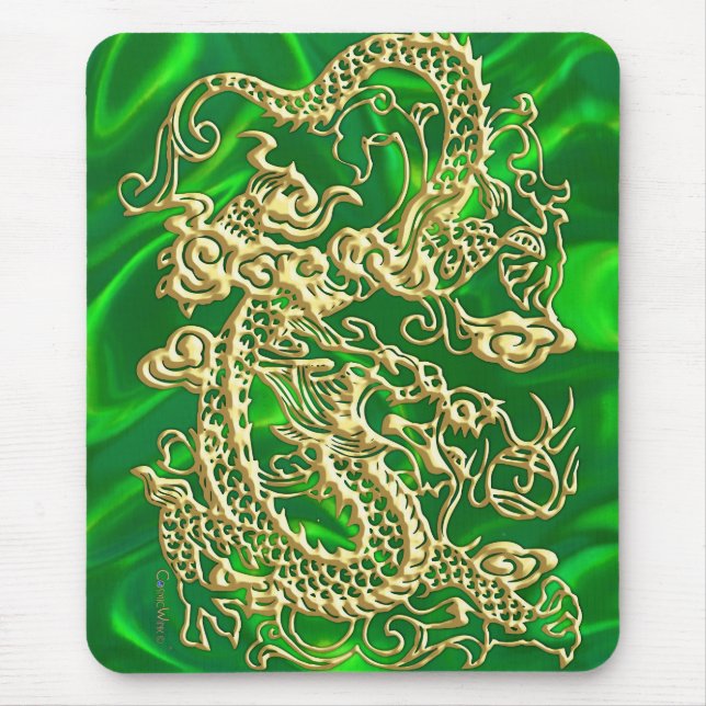 Embossed Gold Dragon on Green Satin Textured Print Mouse Pad (Front)