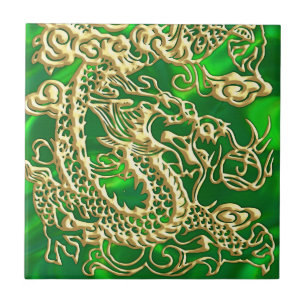 Embossed Gold Dragon on Green Satin Tile