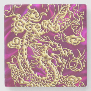 Embossed Gold Dragon on Magenta Satin Stone Coaster