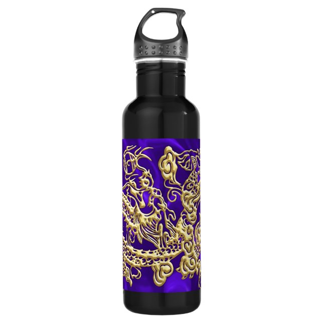 Embossed Gold Dragon on Purple Satin Print 710 Ml Water Bottle (Front)