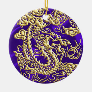 Embossed Gold Dragon on Purple Satin Print Ceramic Ornament