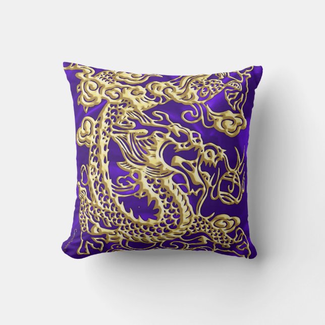 Embossed Gold Dragon on Purple Satin Print Throw Pillow (Front)