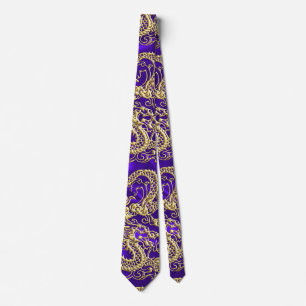 Embossed Gold Dragon on Purple Satin Print Tie